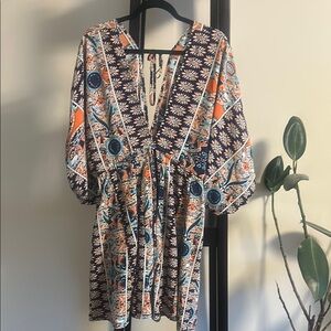 27.  Soft Blue-Gray and Orange Sundress with Plunge Neckline